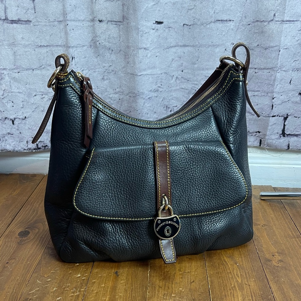 Dooney And Burke Samba Black Pebbled Leather Logo Lock Hobo Shoulder Bag